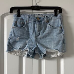 Tractr Light Blue Denim Shorts with White Lace Trim